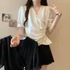 Camisa de Verano Elegante para Mujer Tallas Grandes, Escote en V, Mangas Abullonadas, Jacquard Satinado, Manga Corta, Estilo Ligero