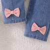 Traje de otoño e invierno para niñas estilo europeo y americano, niños pequeños y medianos, patrón de textura, jersey de manga larga con lazo, pantalones vaqueros, conjunto de dos piezas