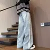 Calça jeans listrada para homens, outono e inverno, estilo novo, forrada com fleece, corte reto solto, calça larga masculina, calça de marca moderna, calça comprida masculina
