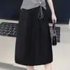 Algodão Puro Casual Solto Verão 2025 Novo Cor Pura Bolso com Aba Calças Cintura Alta Elástica Elegante Saia Evasê Saia de Algodão Puro