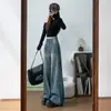 Jeans Largo Retro Azul com Strass Hot-fix Feminino Outono 2026 Novo Cintura Alta Solto Modelador Petite Calça Reta