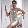 Vestido metálico AYJ de venta caliente transfronteriza para discoteca europea, escote pronunciado, espalda descubierta, tirantes de cadena, escote en V profundo, sexy y seductor