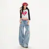Jeans de pierna ancha para mujer transfronterizos, estilo americano, lavados, desgastados, rotos, largos hasta el suelo, azul cielo, extralargos, Yichun