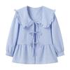 Roupas europeias e americanas Novo estilo francês estilo de nicho Doll Collar Fungus Edge xadrez manga nove quartos com cadarço camisa casual solta