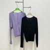 Blusa de Tricô com Decote V, Zíper Oculto e Mangas Morcego para Mulheres, Preto/Roxo Claro