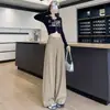 Calça de Sarja Lavada Cáqui Wide-Leg para Mulheres 2026 Nova Coleção Primavera Cintura Alta Emagrecedora Petite Caimento Fluido Reta Casual