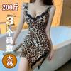 Ropa Interior Sexy Talla Grande Shuang'Er Camisón Sexy con Liguero Estampado de Leopardo Tentación Apasionada Encaje Lazo Traje Sexy