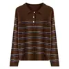 Estilo Coreano 100% Lana Pura Cuello Polo Tejido para Mujer Otoño/Invierno Nuevo Llegado Estilo Universitario Suéter de Rayas Pulóver Top