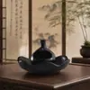 Quemador de Incienso de Cerámica Negra con Base de Loto Estilo Chino, Portainciensos de Madera Sagrada, Purificación del Aire, Meditación Yoga, Adorno de Decoración para el Hogar
