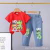 Traje infantil novo Verão 2024 0-5 anos desenho animado carro animal gola careca manga curta jeans duas peças algodão