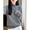 Diseño de puño de ganchillo, camisa base de punto 100% lana pura para mujer, cuello redondo, corte holgado, suéter liso nuevo de otoño e invierno