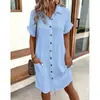 Vestido Casual Amazon 2024 Cor Sólida Algodão e Linho Botões Comprimento Médio Manga Curta Soltinho para Mulheres Fornecimento Transfronteiriço