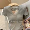 Camiseta Elegante Patchwork de Renda Francesa com Decote U e Manga Curta para Mulheres, Novo Estilo Pura Desejo Verão 2026, Cropped com Franzidos na Cintura