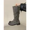 Hebilla de Cinturón Vintage Desgastada para Mujer Chuyuji Botas Largas Grises de Xinjiang a Media Pantorrilla y por Encima de la Rodilla