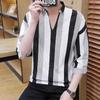 Camisa de verano con mangas de siete puntos para hombre, moderna, informal, ajustada, a cuadros, con rayas verticales, de seda helada