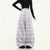 Atuendo Dopamina de Verano Pantalones Casuales Cuadros Verdes para Mujer, Pantalones Largos Ligeros Holgados de Pierna Ancha para Verano