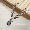 Conjunto de Colar e Brincos Roxo Gota d'Água de Luxo Leve, Colar Brilhante Exagerado Europeu e Americano de Alta Qualidade, Corrente de Clavícula da Moda