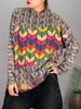 Suéter de Punto Pulóver Cálido para Mujer de Terciopelo de Visón Estampado Rayas Arcoíris Retro de Cuello Medio Alto Nuevo Otoño e Invierno 2025