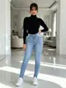 Jeans skinny elásticos de estándar americano, degradado azul claro con lavado desgastado, versátiles para ir al trabajo, pantalones ajustados para mujer de la fábrica original