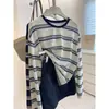 Nova camiseta listrada color block de manga comprida, versátil e fashion, estilo coreano para mulheres, novo top casual estilo preguiçoso, moderno A13505