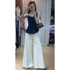 Jeans de Pierna Ancha con Diseño de Alta Calle de Estilo Americano Elástico para Mujer Otoño e Invierno Nuevo Blanco Cintura Alta Adelgazantes Pantalones con Cinta