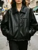 Chaqueta de Piel Genuina HN6116 Estilo Retro Americano con Diseño de Elefante Piel de Oveja Cuello Solapa Ligera Chaqueta Corta de Motociclista para Mujer