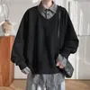 Camiseta Moletom Patchwork Listrada Falsa Duas Peças Estilo Americano para Homens, Design de Outono e Inverno, Top Retrô Moderno Solto de Manga Comprida