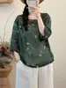 2026 Verano Nuevo Versátil Estampado Retro Artístico Ligero de Ramio Camisa para Mujer Holgada Casual Top Venta al por Mayor