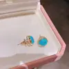 Brincos Turquesa Redondos Elegantes Estilo Hong Kong Retro Meados do Século Vintage para Mulheres Joias Versáteis de Alta Qualidade