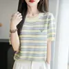 Camiseta de punto jacquard estilo Fair Isle de manga corta para mujer, nueva de verano 2026, fina, holgada, adelgazante, transpirable, camiseta básica