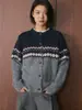 Nuevo cárdigan de punto de lana de moda estilo coreano para invierno, jacquard de contraste Fair Isle, cuello redondo, top holgado para mujer