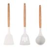 Utensílios de cozinha com cabo de madeira e silicone branco, adequado para alimentos, alta temperatura, isolamento térmico, pá, colher de sopa, clipe de alimentos antiderrapante
