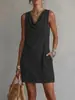 Vestido casual de verão novo, sem mangas, com gola solta e estilo evasê, cruzado Europa e América, para mulheres 2026