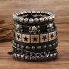 Amazon nova venda quente moda multi-camada de couro pulseira de couro personalidade dominador liga crânio estrela de cinco pontas conjunto de 4 peças