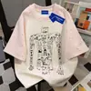 Camiseta de Manga Corta con Estampado de Graffiti de Moda y Parches de Estrellas para Mujer, Verano Casual, Letra, Algodón Puro, Rosa, Top para Pareja, Hombre