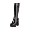 Botas femininas de outono e inverno estilo europeu e americano para boate, botas femininas de cano alto com plataforma de couro envernizado e salto grosso, dropshipping transfronteiriço