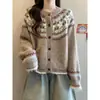Abrigo Suéter de Punto Fair Isle Retro para Mujer 2026 Estilo Coreano Holgado Cardigan de Punto Color Block