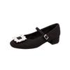 Versión de Piel de Oveja~2026 Hebilla de Diamante Punta Cuadrada Pequeña Forro de Terciopelo Correa Única Cálidas Adelgazantes Tacón Grueso Zapatos Mary Jane para Mujer Primavera y Otoño