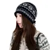 Gorro de tricô Fair Isle, moda outono e inverno feminina, quente, com cordão, barra dobrada, estilo retrô, adequado para cabeças maiores