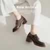 Mocasines de Cuero con Suela Gruesa y Hebilla Metálica Estilo Academia Británica 2026 Primavera Tacón Alto Grueso Punta Redonda Piel Genuina Zapatos Individuales de Corte Profundo para Mujer