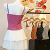 Camisola estampada com laço para mulheres com bojo, cintura franzida, top curto justo para um visual emagrecedor, adequado para garotas estilosas, verão