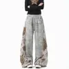 Pantalones de chándal con estampado de leopardo estilo asiático, patchwork, dobladillo curvo, para hombre y mujer, otoño vintage desgastado casual, pantalones rectos, pantalones de pierna ancha con cordón holgado