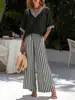 2026 Amazon Sitio Independiente Top de Manga Corta con Cuello en V y Estampado de Rayas Pantalones de Pierna Ancha Conjunto Casual Suelto de Dos Piezas para Mujer