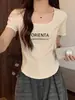 Camiseta de Manga Corta de Algodón Puro para Mujer, Nuevo Estilo Verano 2026, Ceñida a la Cintura, Diseño Adelgazante, Estilo Corto de Hueso de Pescado, Top Sencillo con Letras