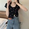 Estilo Coreano Estilo Curto Fresco e Doce Floral Manga Curta Suéter Verão Novo Slim e Chique Top para Pessoas Baixas