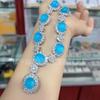 Traje de calcedonia misteriosa azul marino con incrustaciones plateadas, pendientes de ágata azul cielo, pulsera, vestido de noche, juego de jade de cuatro piezas