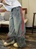Jeans Vintage de Parches Rayados para Mujer, Nuevo de Verano Sueltos de Marca de Moda Rectos Casuales Desgastados Ropa de Trabajo de Pierna Ancha