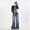 Jeans Wide-Leg com Design Degradê, Caimento Solto, Cintura Baixa, Slim-Fit em Azul Vintage com Aspecto Desgastado, Toque Fluido, Controle de Barriga, para Usar com Peças de Exterior