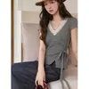 Camisa Roja a Cuadros con Encaje, Manga Corta, Cuello en V, Adelgazante, Estilo Romántico Francés de Verano para Figuras Pequeñas