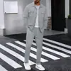 Conjunto de dos piezas de punto gofrado de manga larga y pantalón largo, nuevo para otoño europeo y americano, color liso, con doble bolsillo, traje tipo camisa cárdigan de trabajo